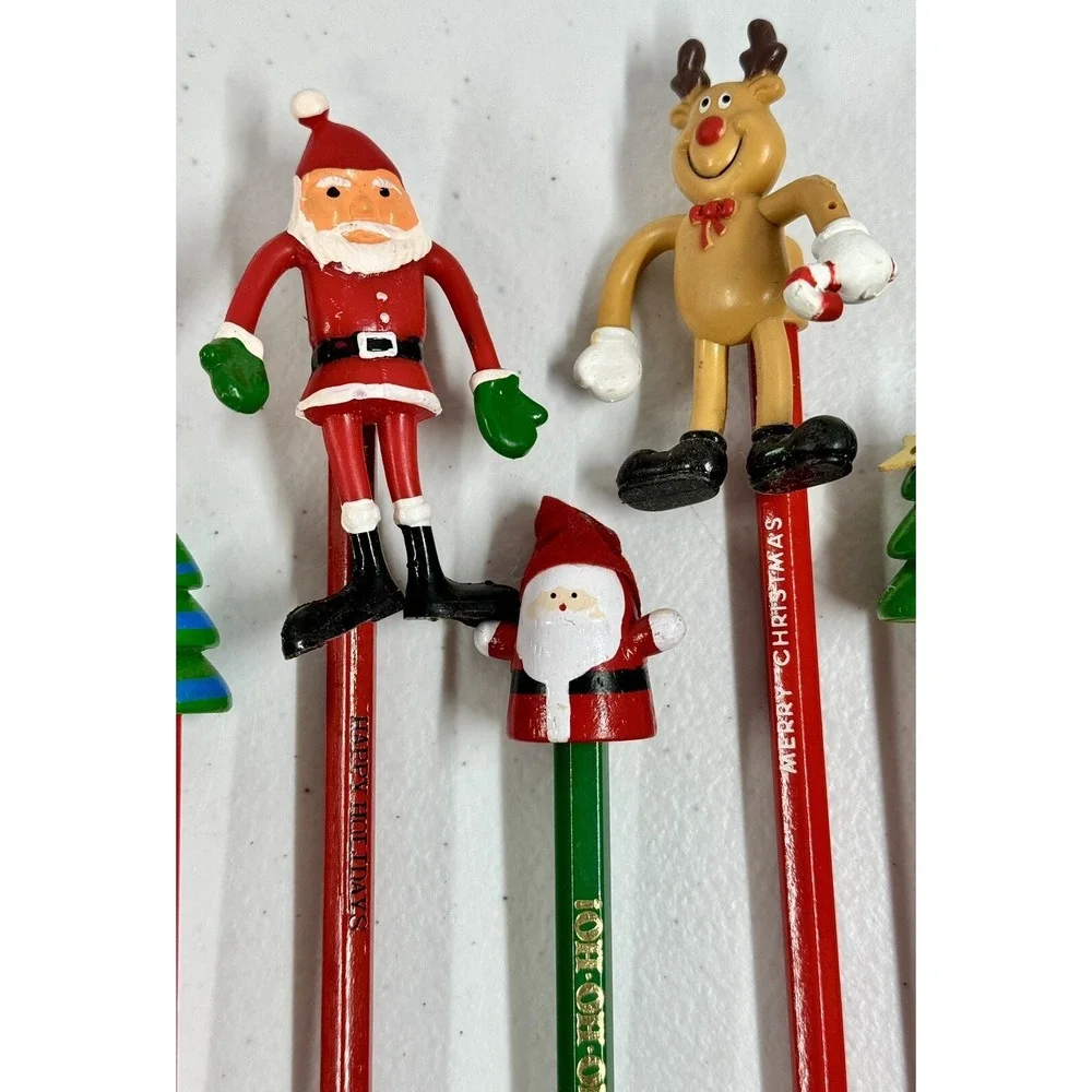 *NEW* Lot 35 Vintage Wood Christmas Pencils Toppers Russ Dakin Hello Kitty